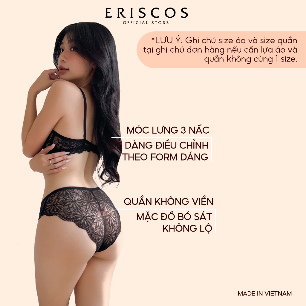 Set Bộ Đồ Lót Nữ Ren Gợi Cảm Cup Ngực Có Gọng Nâng Nhẹ Không Đệm Mút Quần Lót Không Lộ Vân Viền Eriscos