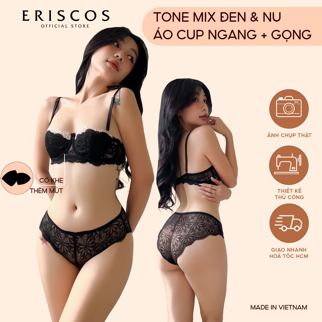 Set Bộ Đồ Lót Nữ Ren Gợi Cảm Cup Ngực Có Gọng Nâng Nhẹ Không Đệm Mút Quần Lót Không Lộ Vân Viền Eriscos
