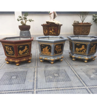 Khuôn chậu lục giác 48 chân liền, hoa văn thuyền, ngựa, tài lộc, đổ úp đáy chất liệu nhựa abs
