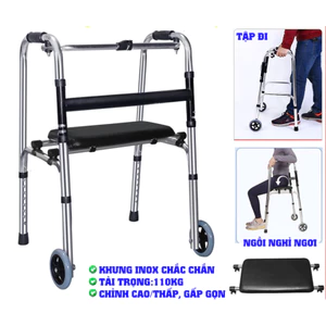 Khung tập đi bằng hợp kim nhôm cao cấp, chắc bền, nhẹ, có bánh xe, ghế ngồi thuận tiện