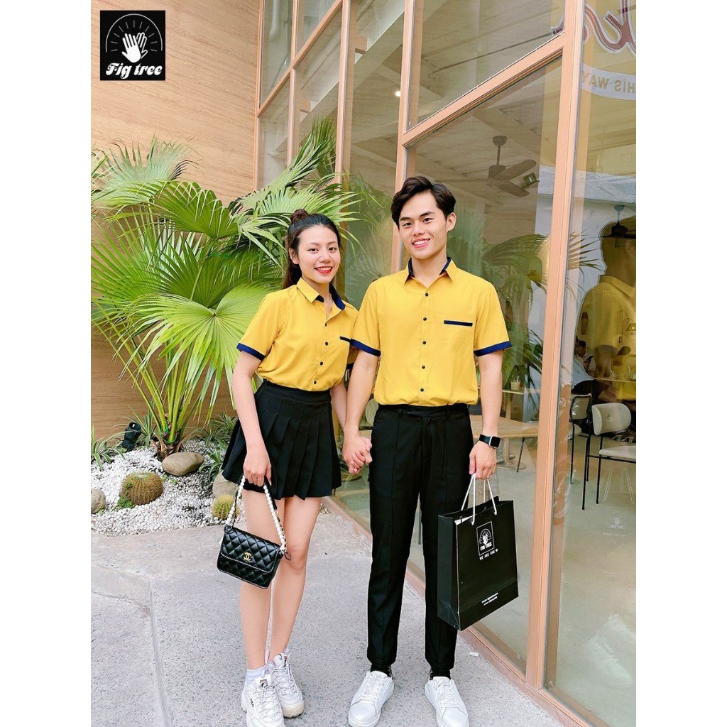 Set Áo Sơ Mi Đôi Fig Tree Tay Ngắn Màu Xanh Mint Phối Độc Đáo ( hàng thiết kế)