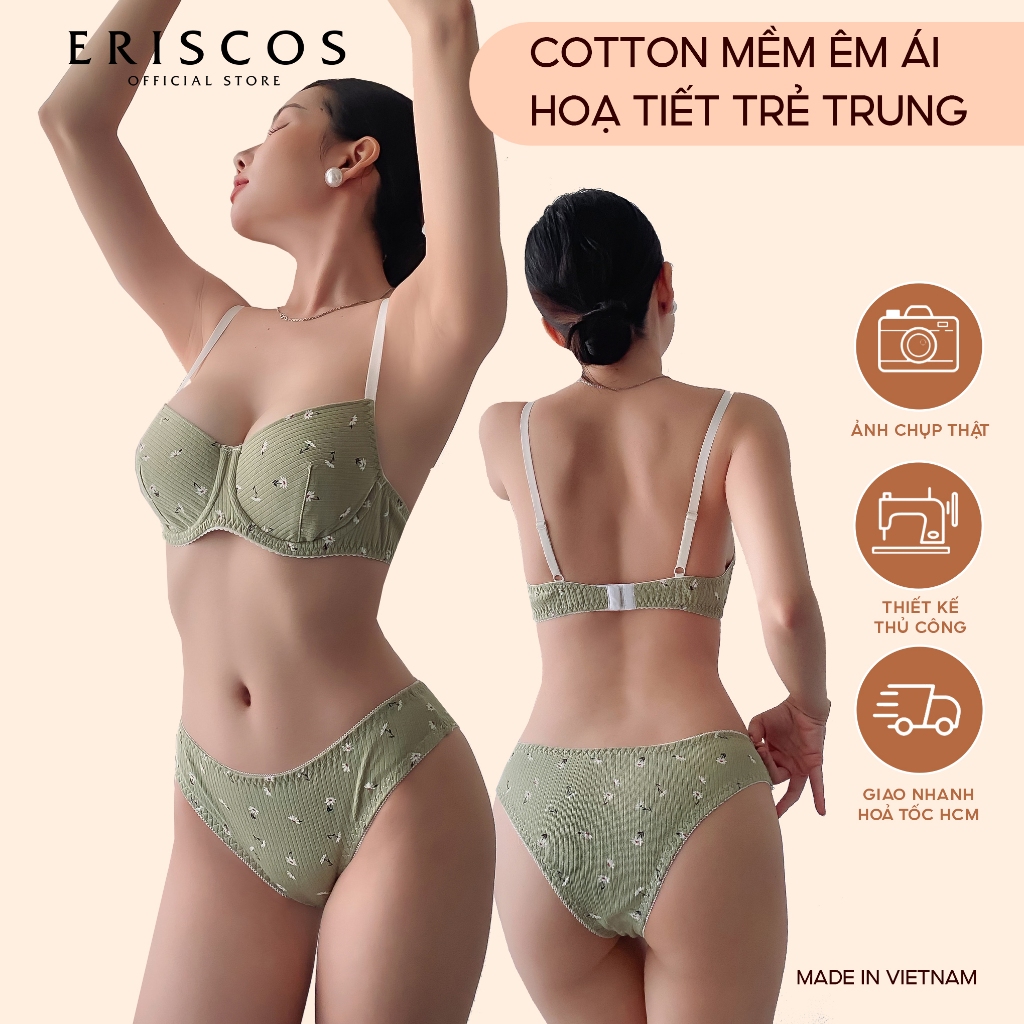 (Nhiều hoạ tiết) LALA - Bộ đồ lót cotton gân nữ có gọng nâng nhẹ áo KHÔNG MÚT quần lót co giãn tốt Eriscos