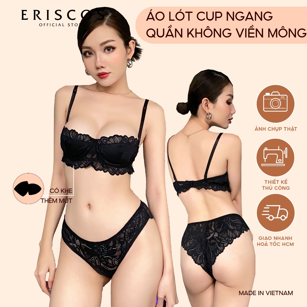 Bộ đồ lót nữ ren đen mềm cup ngang không mút quần lót cánh tiên gợi cảm không viền có gọng không mút Eriscos