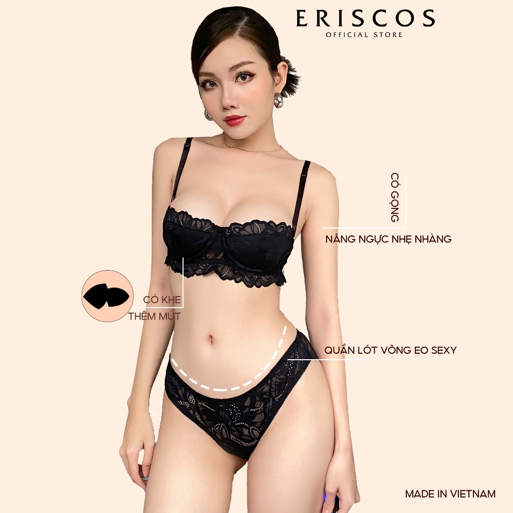 Bộ đồ lót nữ ren đen mềm cup ngang không mút quần lót cánh tiên gợi cảm không viền có gọng không mút Eriscos