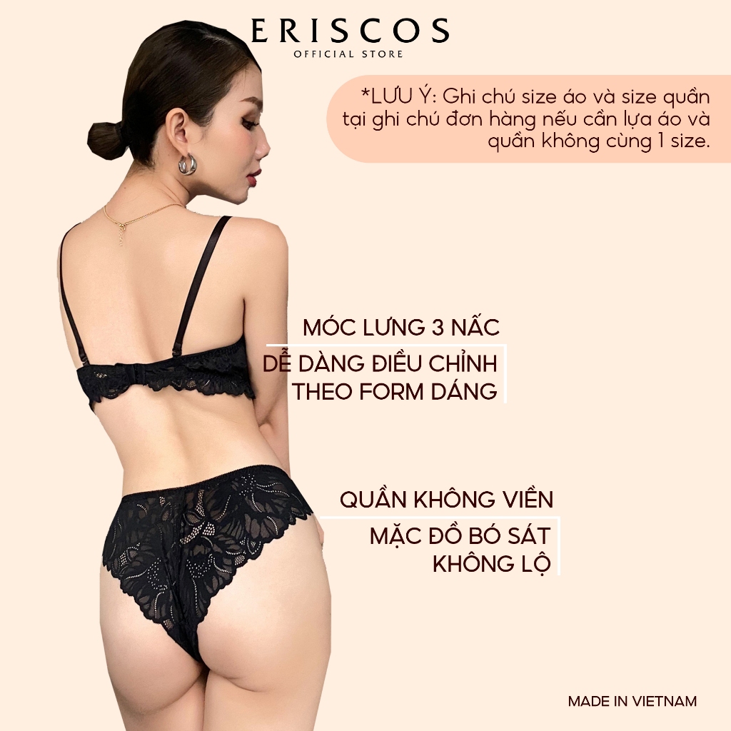 Bộ đồ lót nữ ren đen mềm cup ngang không mút quần lót cánh tiên gợi cảm không viền có gọng không mút Eriscos
