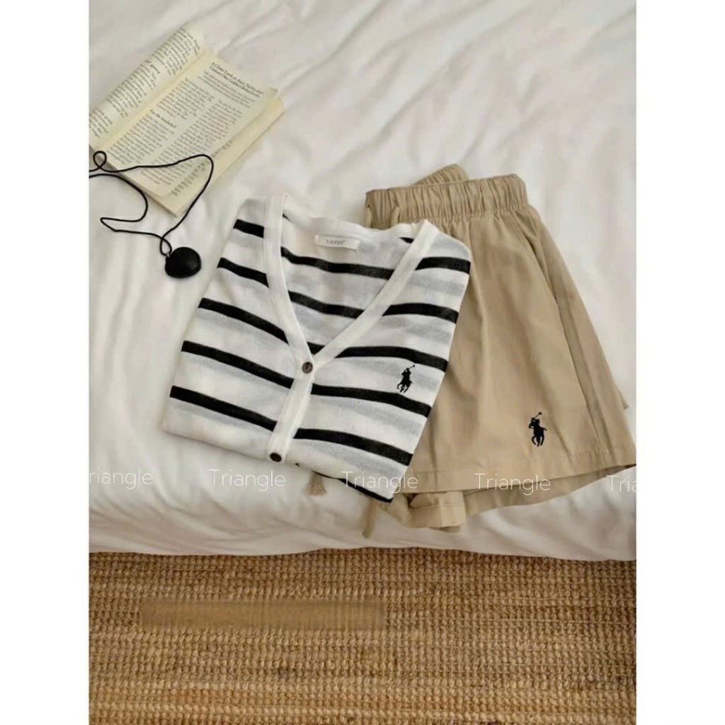 Triangle Love Set(Cân nhắc kỹ, return is not welcomed) áo len cardigan kẻ sọc mix cùng quần short kaki thêu ngựa