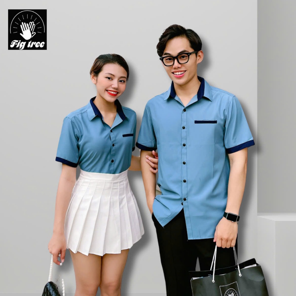 Set Áo Sơ Mi Đôi Fig Tree Tay Ngắn Màu Xanh Mint Phối Độc Đáo ( hàng thiết kế)