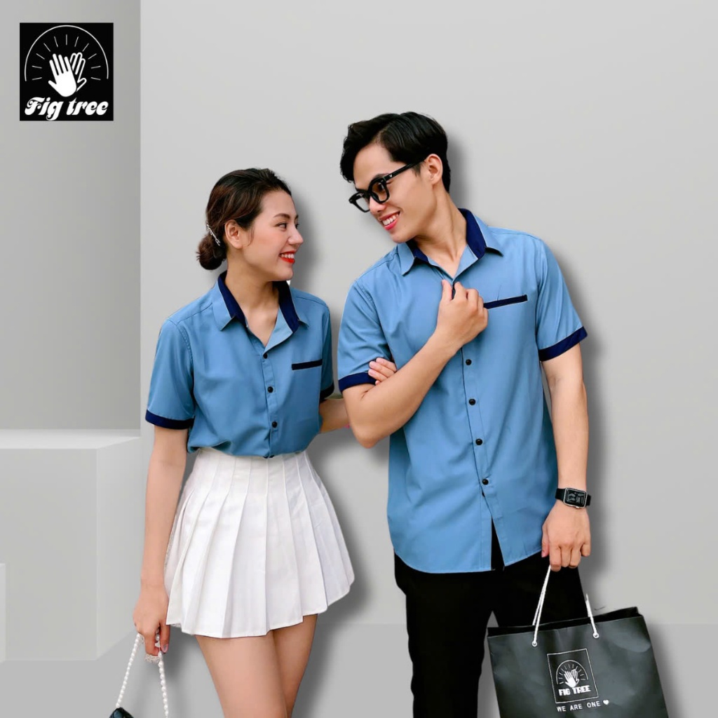 Set Áo Sơ Mi Đôi Fig Tree Tay Ngắn Màu Xanh Mint Phối Độc Đáo ( hàng thiết kế)