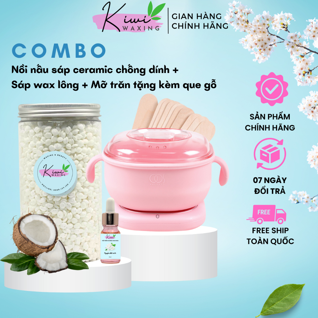 COMBO Nồi Nấu Sáp Wax lông Silicone + Sáp Wax KIWI WAXING cao cấp + Mỡ ...