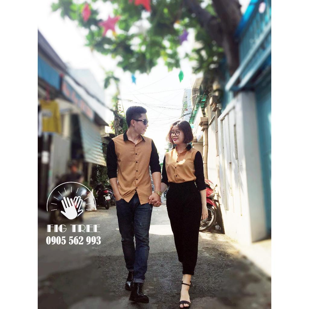 Áo Sơ Mi Đôi Fig Tree Màu Vàng Phối Màu Đen Trendy (hàng thiết kế)