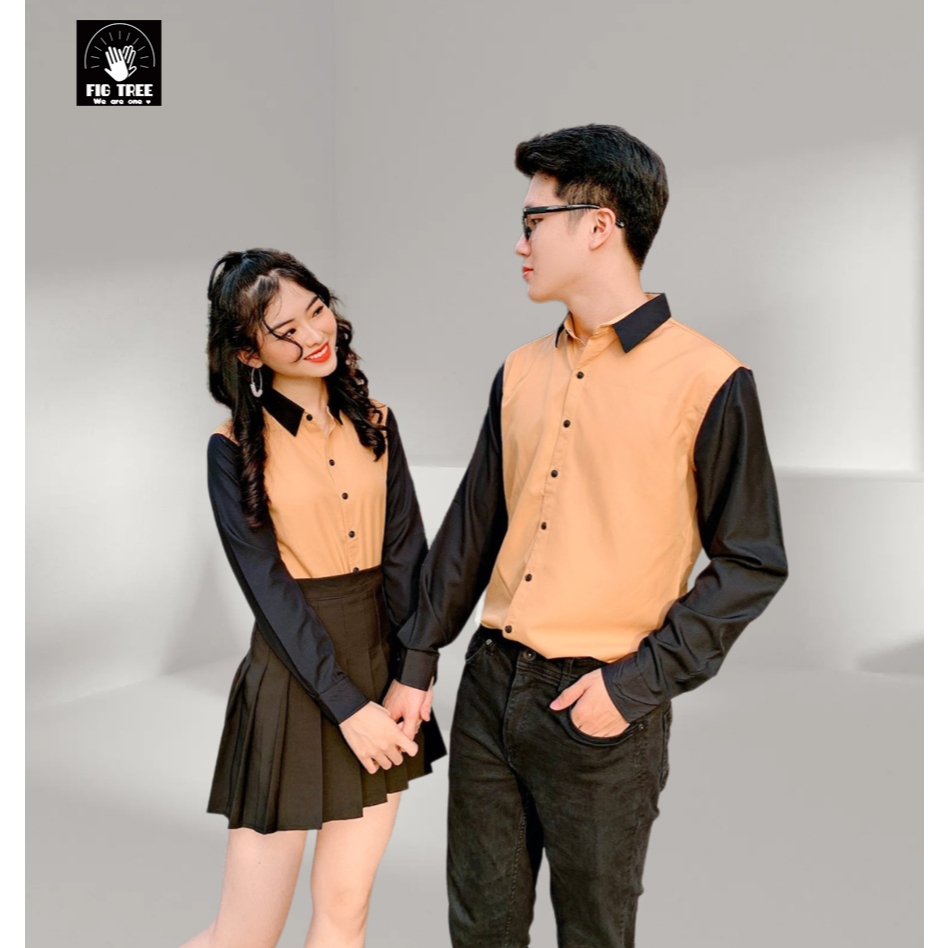 Áo Sơ Mi Đôi Fig Tree Màu Vàng Phối Màu Đen Trendy (hàng thiết kế)