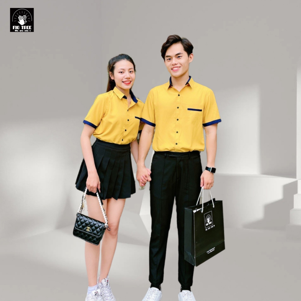 Áo Sơ Mi Đôi Fig TreeTay Ngắn Màu Vàng Phối Viền New ( hàng thiết kế)