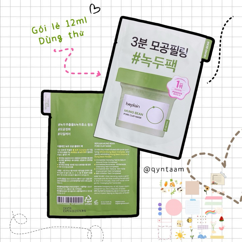 Mask gói 12ml - Mặt nạ đất set đậu xanh beplain ( Hoả tốc HCM ...