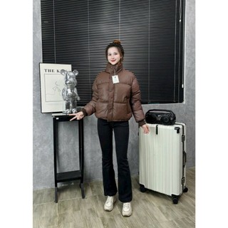 Áo Khoác Phao Da Trơn Cúc Bấm Dây Rút Gấu Kéo Khoá Cao Cổ Khoác Phao Nữ Siêu Nhẹ Freesize