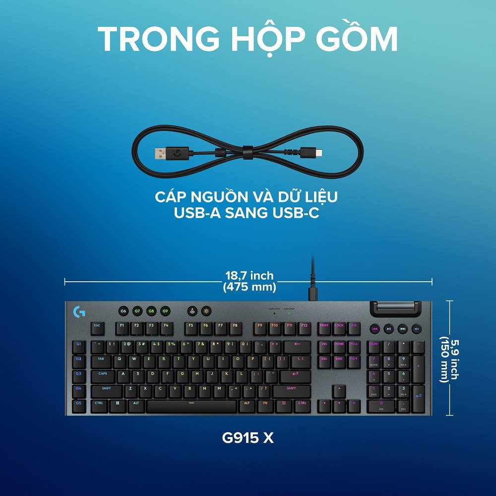 Bàn phím cơ Gaming có dây Lowprofile Logitech G G915 X Fullsize, Mũ phím PBT, nút lập trình, RGB | BigBuy360 - bigbuy360.vn