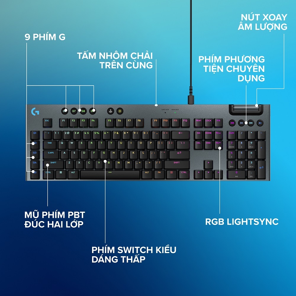 Bàn phím cơ Gaming có dây Lowprofile Logitech G G915 X Fullsize, Mũ phím PBT, nút lập trình, RGB | BigBuy360 - bigbuy360.vn