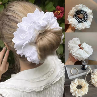 (HÀNG ĐẸP) Dây buộc tóc ren trắng vải cotton to cỡ lớn nhiều lớp, cột tóc scrunchies phối ren đen trắng kiểu Pháp retro