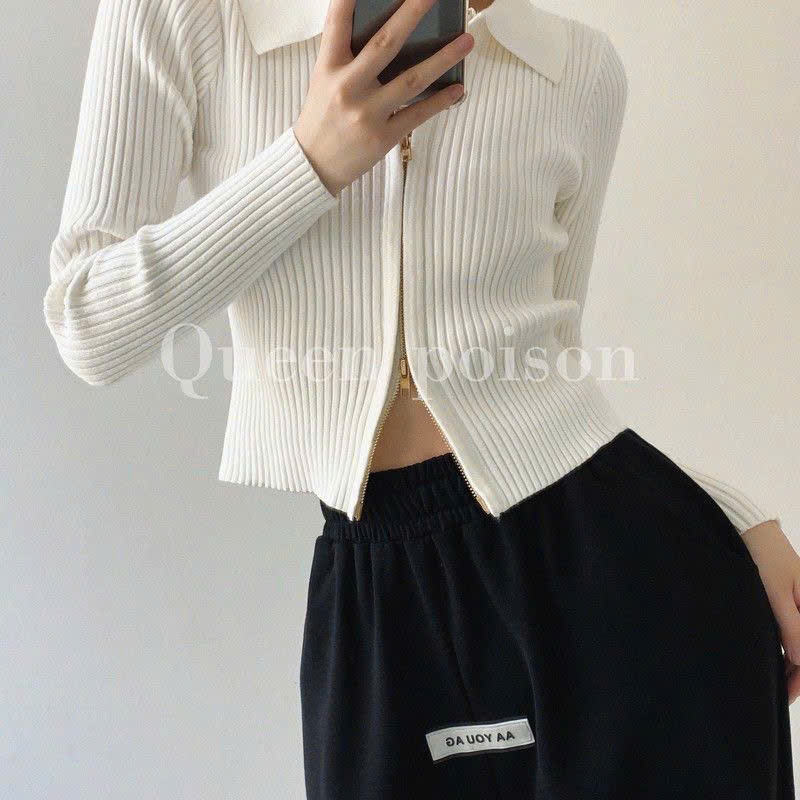 Áo khoác cardigan len dệt kim dài tay xu hướng Hàn thiết kế cổ polo phối khóa kéo hàng QC BA SP227
