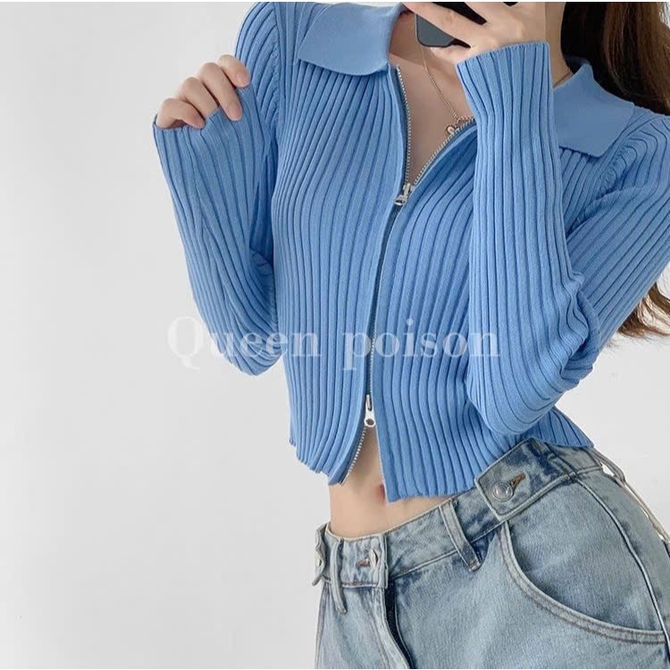 Áo khoác cardigan len dệt kim dài tay xu hướng Hàn thiết kế cổ polo phối khóa kéo hàng QC BA SP227