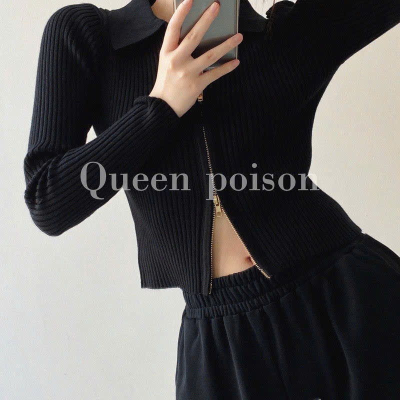 Áo khoác cardigan len dệt kim dài tay xu hướng Hàn thiết kế cổ polo phối khóa kéo hàng QC BA SP227
