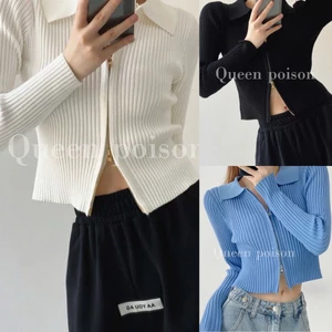 Áo khoác cardigan len dệt kim dài tay xu hướng Hàn thiết kế cổ polo phối khóa kéo hàng QC BA SP227
