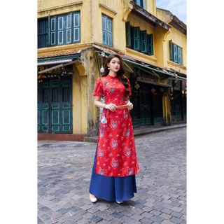 Áo dài cách tân tà ngắn phối tay phồng AD185