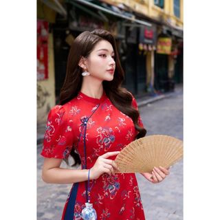 Áo dài cách tân tà ngắn phối tay phồng AD185