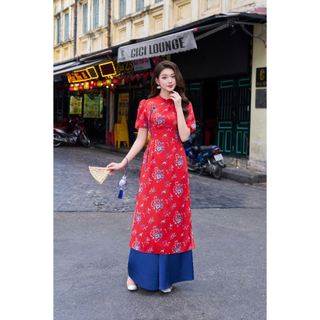 Áo dài cách tân tà ngắn phối tay phồng AD185
