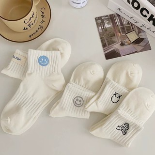 Set 5 Đôi Tất Cotton Unisex NAm Nữ Cổ CaoTone Trắng Thêu Hình Mặt Cười Xanh tt54