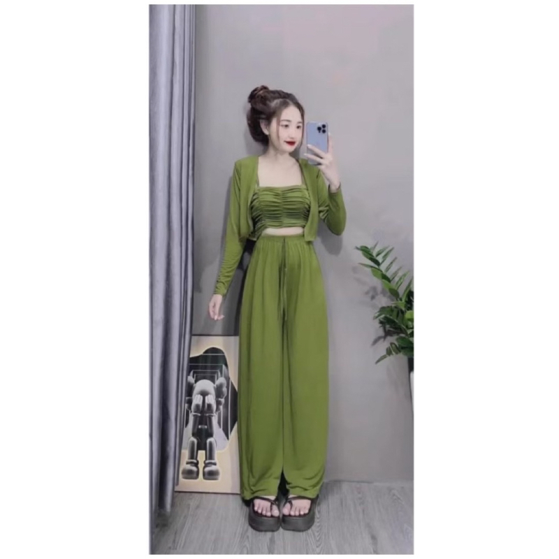 L65- [Bộ 3 món] Set áo 2 dây nhún kèm khoác tay dài và quần suông ống rộng, chất thun tăm lạnh 40-56kg