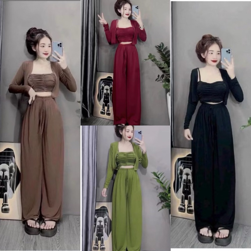 L65- [Bộ 3 món] Set áo 2 dây nhún kèm khoác tay dài và quần suông ống rộng, chất thun tăm lạnh 40-56kg
