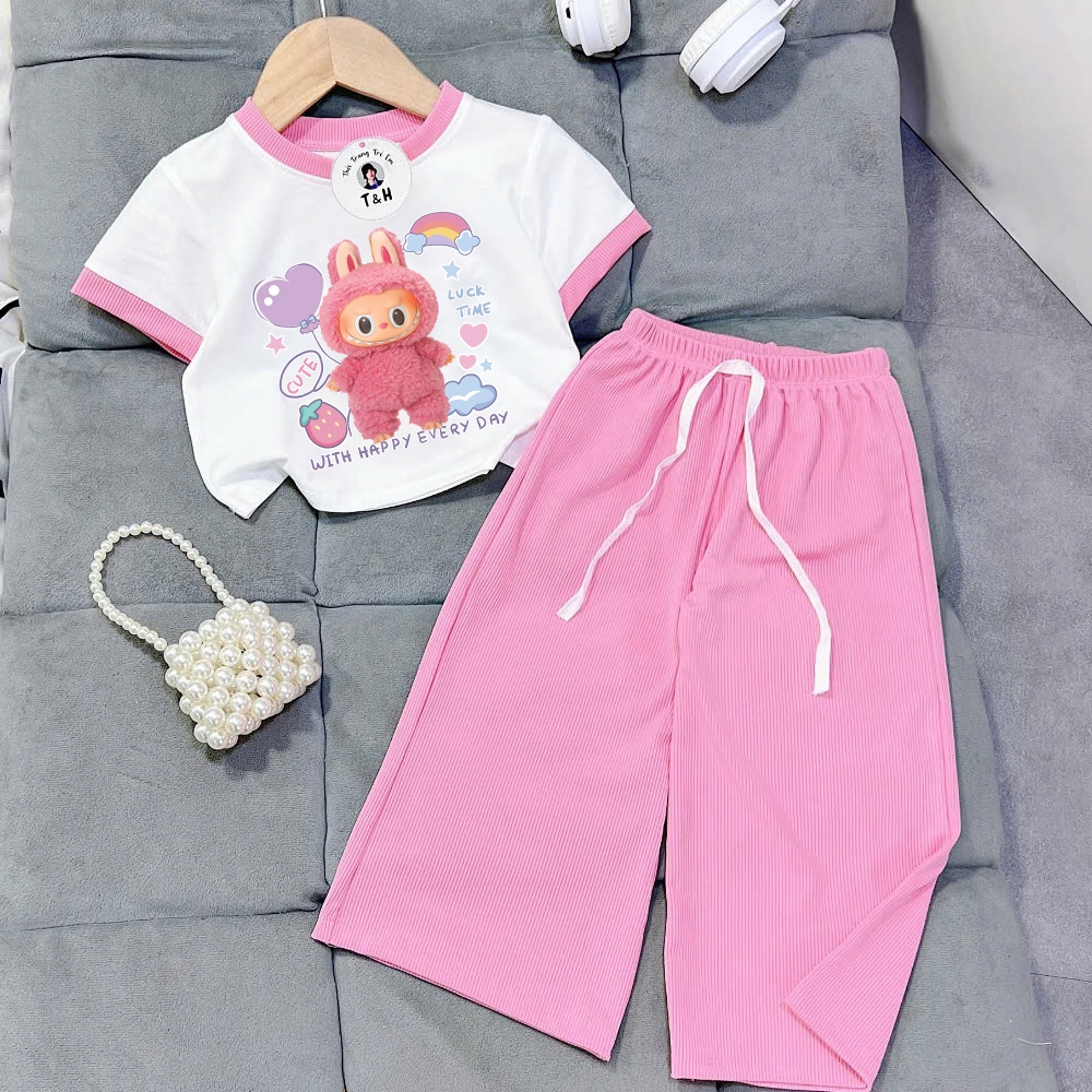 [8-40Kg] Bộ bé gái tay ngắn quần ống rộng thun gân hình Labubu chất vải mềm mịn thoáng mát  BGALI05