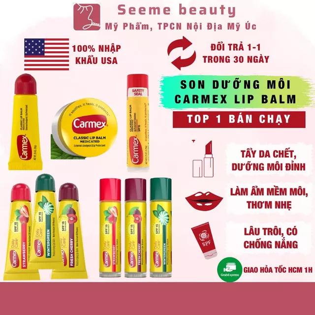 Son Dưỡng Môi Carmex Camex Lip Balm Thỏi Tuýp Hũ Có/ Không Mùi SPF15 Chống Nắng HÀNG MỸ SeeMe Beauty