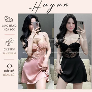 HT40 Váy ngủ sexy phối ren cúp v1 có GỌNG kèm ĐỆM LÓT,đồ ngủ lụa hở lưng gợi cảm HT40