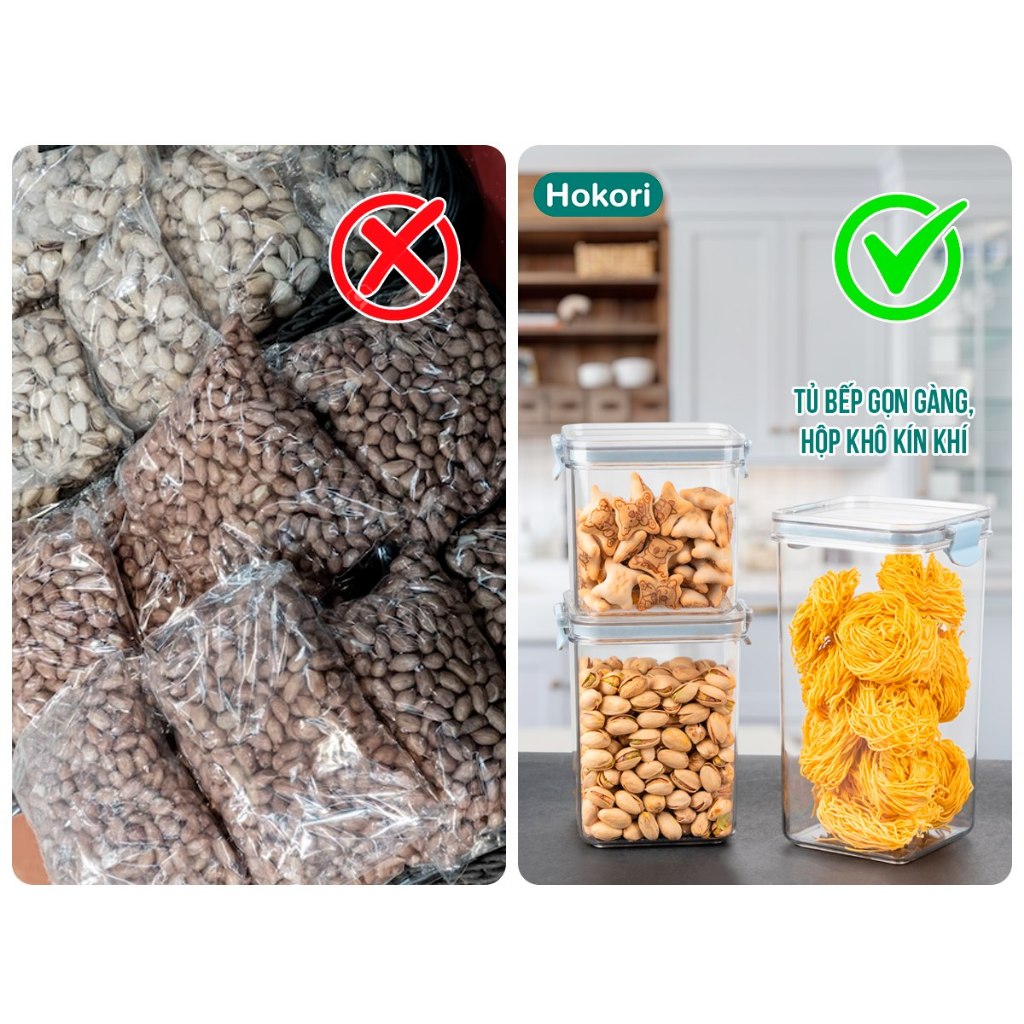 Hộp đựng đồ khô nắp vuông chống ẩm mốc, côn trùng dung tích 750ml/1000ml/1500ml chính hãng Việt Nhật