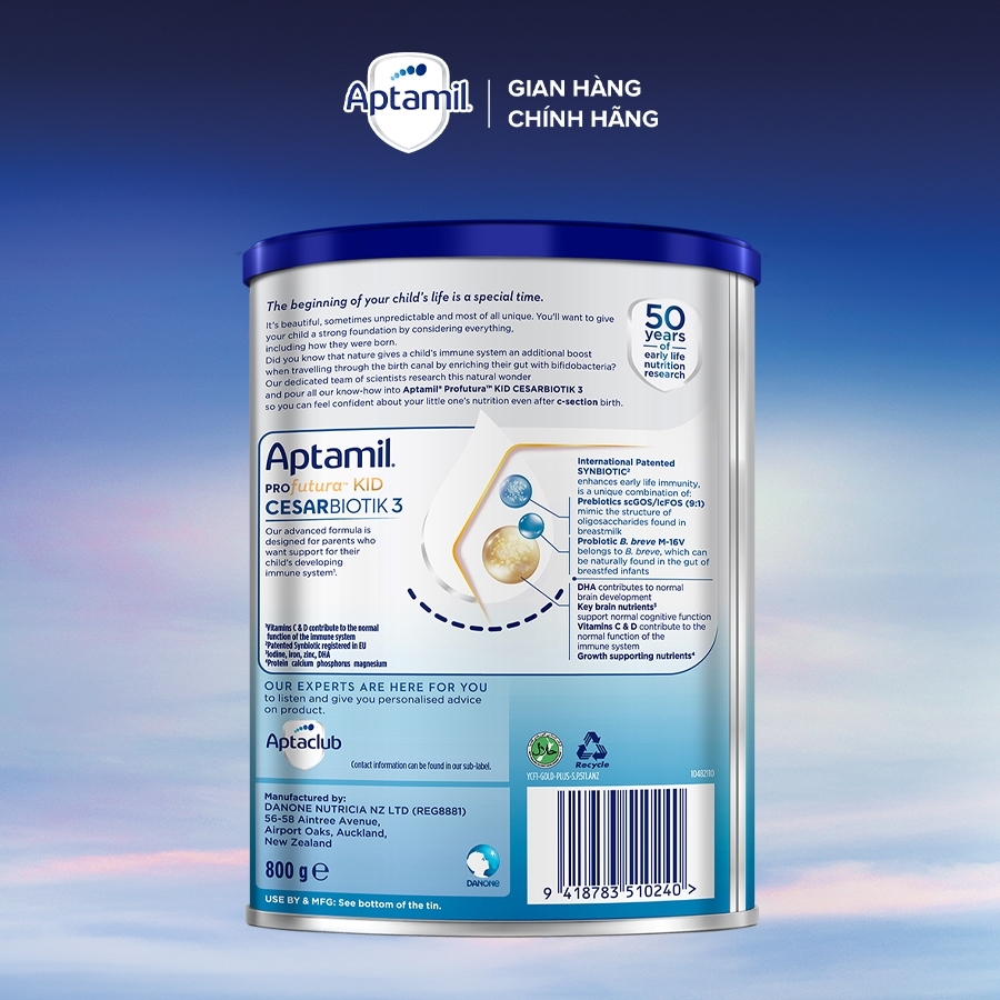 [MUA LÀ CÓ QUÀ] Combo 3 Sữa bột Aptamil Kid Cesarbiotik New Zealand số 3 - 800g cho bé 2-6 tuổi_LS2
