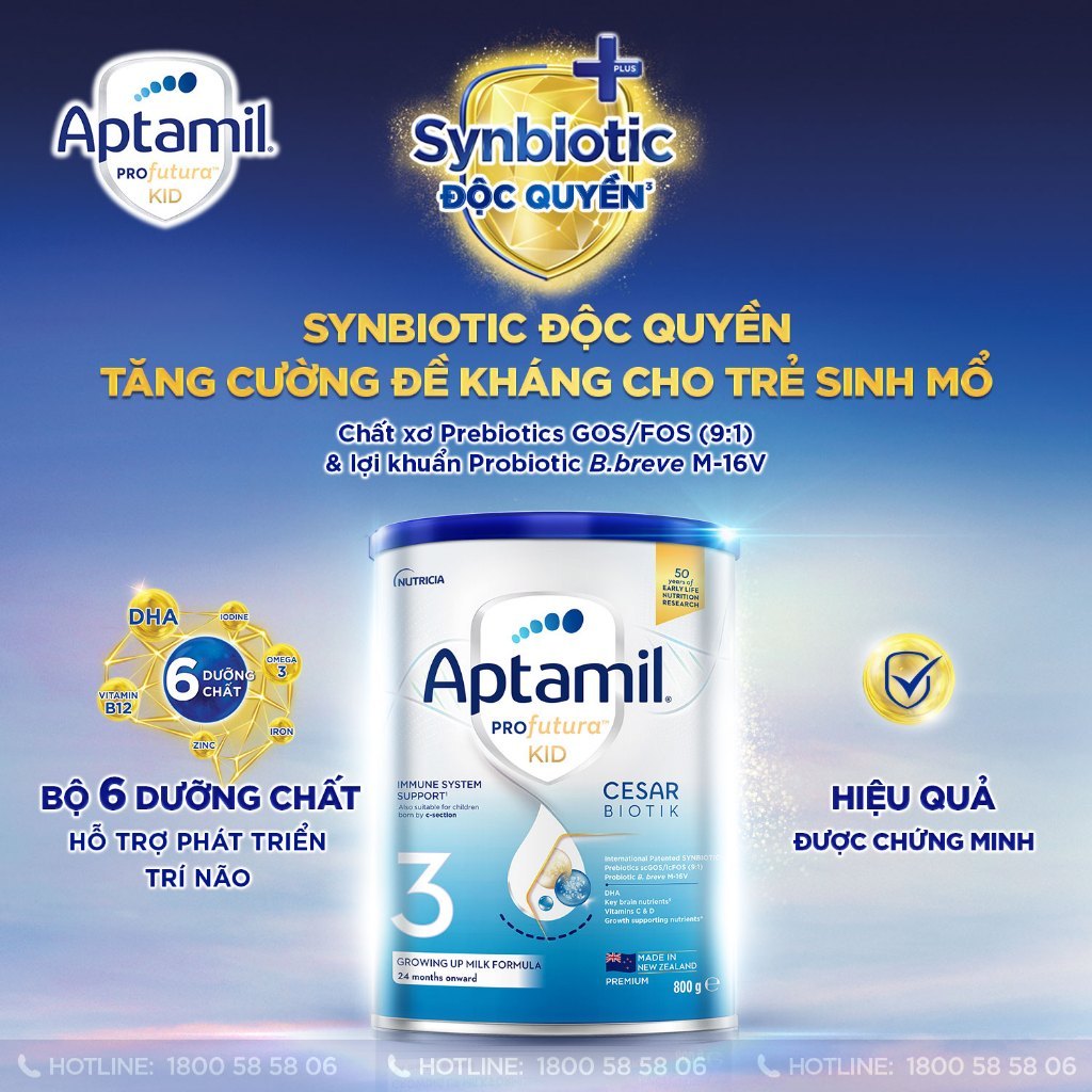 [MUA LÀ CÓ QUÀ] Combo 3 Sữa bột Aptamil Kid Cesarbiotik New Zealand số 3 - 800g cho bé 2-6 tuổi_LS2