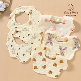 Yếm Xoay Vải Muslin Cao Cấp 4 Lớp Cúc Bấm Hoạ Tiết Siêu Dễ Thương, Thấm Hút Tốt Cho Bé