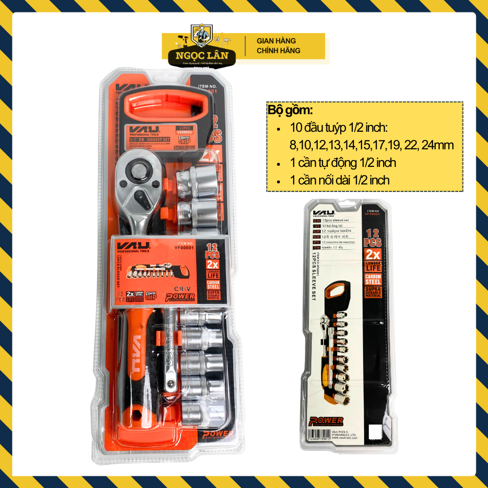 Bộ khẩu tự động 12 chi tiết 1/2 inch 8-24mm thép CRV cao cấp VAU (Bộ đầu khẩu, cần tự động & nối dài)
