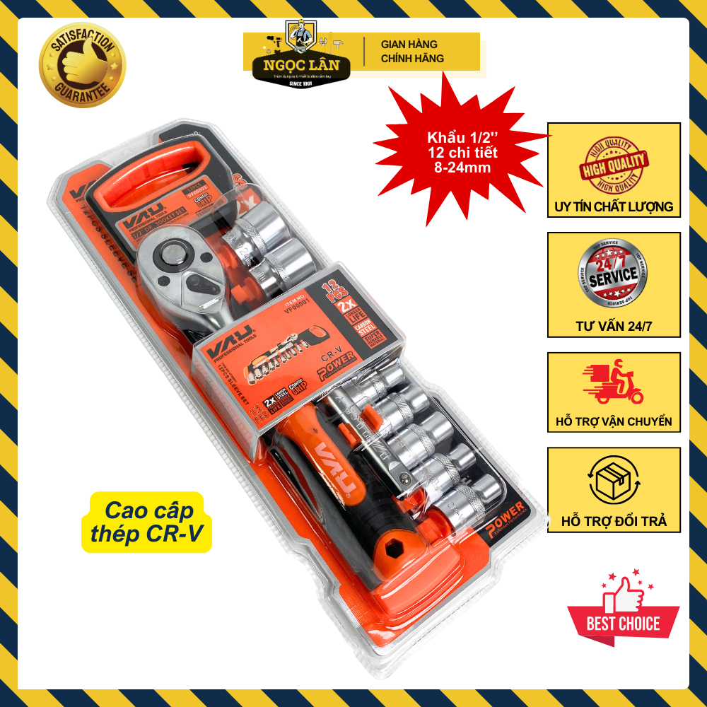Bộ khẩu tự động 12 chi tiết 1/2 inch 8-24mm thép CRV cao cấp VAU (Bộ đầu khẩu, cần tự động & nối dài)