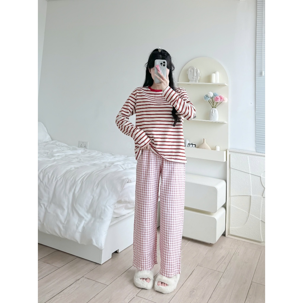 Sét Bộ Dài Mặc Nhà Nữ Áo Tay Dài Sọc - Quần Dài Kate Mềm Mại JULY fashion, đồ bộ tay dài thu đông mặc nhà mềm mại, ấm áp