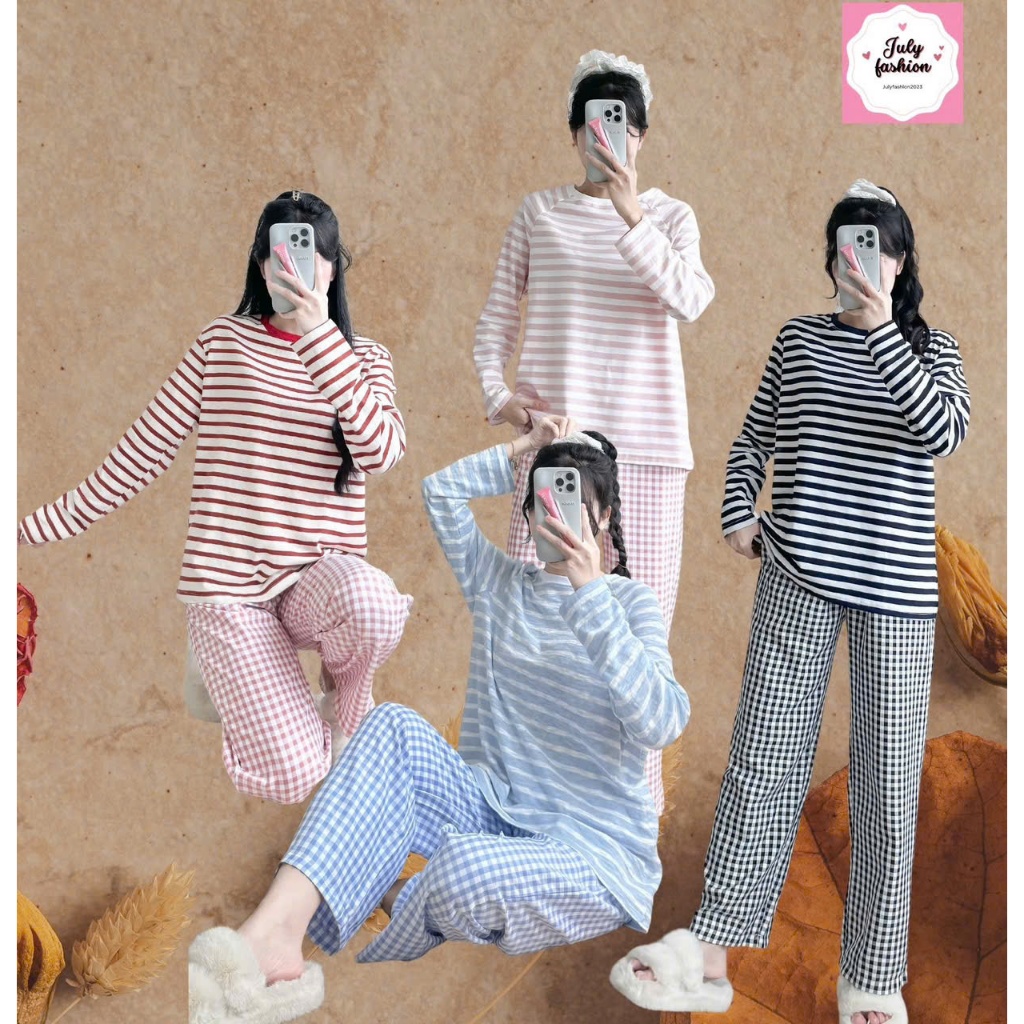 Sét Bộ Dài Mặc Nhà Nữ Áo Tay Dài Sọc - Quần Dài Kate Mềm Mại JULY fashion, đồ bộ tay dài thu đông mặc nhà mềm mại, ấm áp
