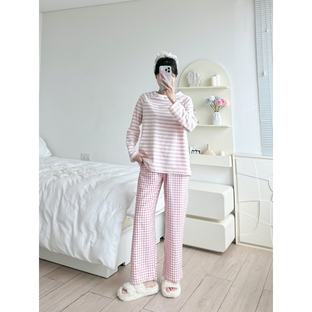 Sét Bộ Dài Mặc Nhà Nữ Áo Tay Dài Sọc - Quần Dài Kate Mềm Mại JULY fashion, đồ bộ tay dài thu đông mặc nhà mềm mại, ấm áp