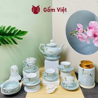 Bộ ấm chén vân đá dáng cát tường đắp nổi thủ công cành mậm cao cấp - Gốm sứ Bát Tràng - Gốm Việt