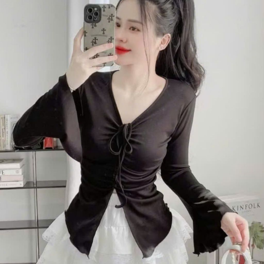 Áo Thun Bigsize Nữ Tay Dài 45-85kg Cổ V Rút Dây ESHOP Áo Kiểu Dài Tay Đẹp Dễ Thương Thun Gân MS065