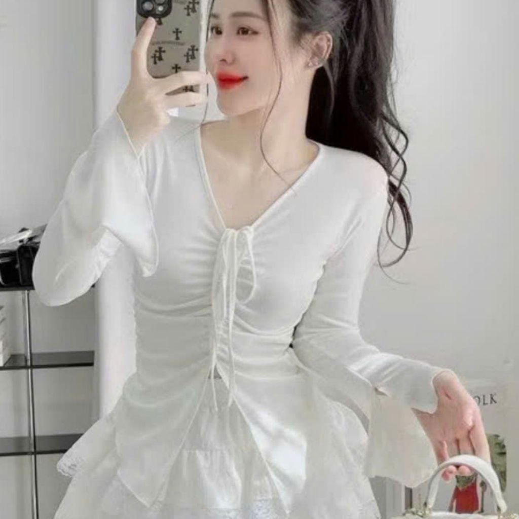 Áo Thun Bigsize Nữ Tay Dài 45-85kg Cổ V Rút Dây ESHOP Áo Kiểu Dài Tay Đẹp Dễ Thương Thun Gân MS065