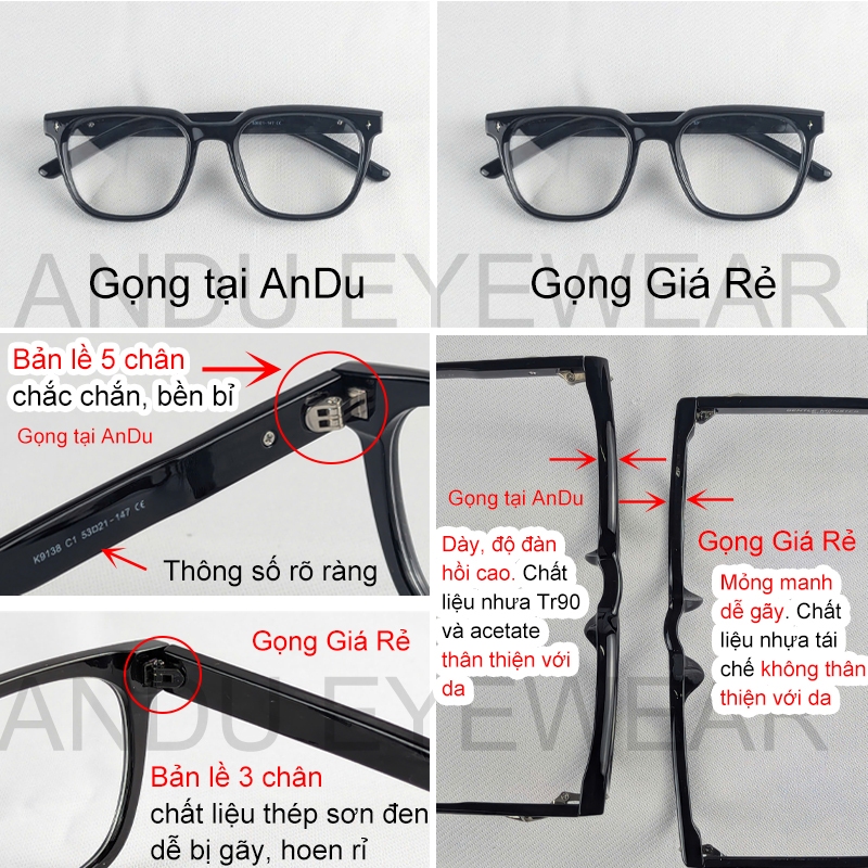 Ảnh Gọng kính cận thời trang nam nữ ANDU dáng vuông chống tia UV chất liệu nhựa cao cấp - 9138 2