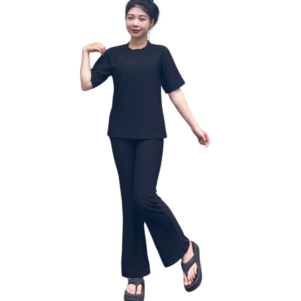 Đồ mặc nhà quần dài loe áo tay ngắn vải xốp ESHOP đồ bộ nữ vải sốp co giãn đẹp dễ thương set bộ xinh DS68