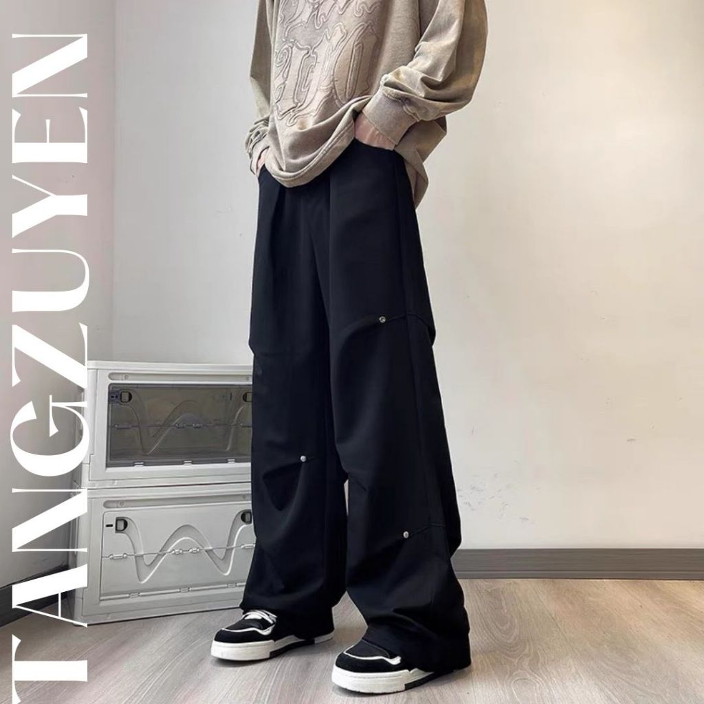 Quần ống rộng kaki nam nữ có gắn đinh tạo kiểu độc lạ Quần ống suông rút cạp hiiphop cá tính unisex ngầu T384G MONOKA