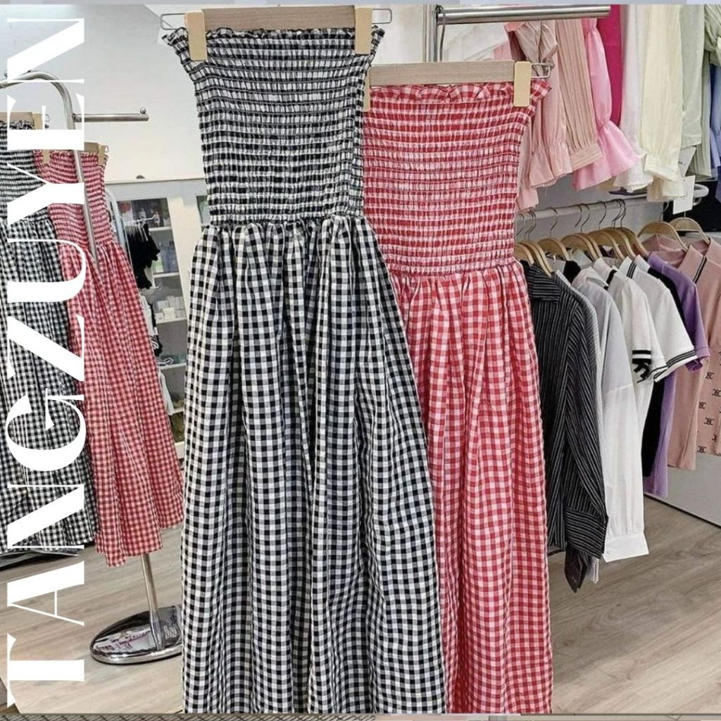 Váy quây dáng dài maxi kẻ caro chun ngực viền bèo Đầm nữ cúp ngực vintage dáng xòe retro đi biển nữ tính T221G MONOKA